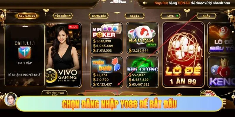 Chọn đăng nhập YO88 để bắt đầu
